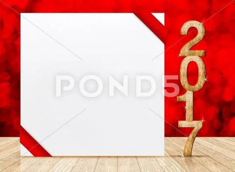 2017 year wood number and white card with red ribbon in perspective room with Stock Illustration