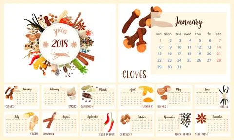 2018 Calendar Planner Design. Culinary spices Stock Illustration