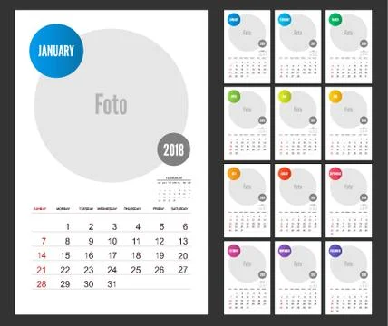 2018 Calendar planner design on white background. Set of 12 Mont Stock Illustration