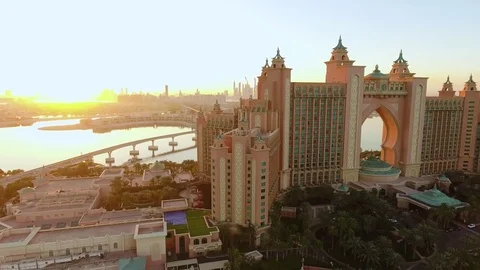 2018 Dubai Panorama Aerial View with Atlantis, Tha Palm Luxury Hotel Stock Footage