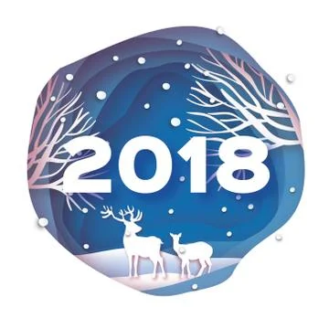 2018 Happy New Year Background. Deer couple in forest. Wild nature. Greetings Stock Illustration