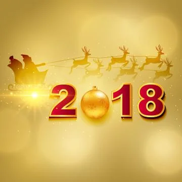 2018 Happy New Year greeting card with light, colored text Design on gold Stock Illustration