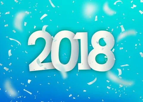 2018 happy new year. Silver confetti, tiny paper pieces on light blue background Stock Illustration