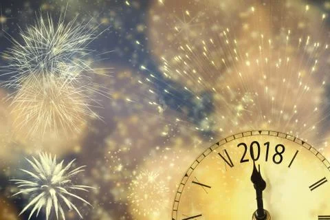 2018 New Year background with clock and fireworks Stock Photos