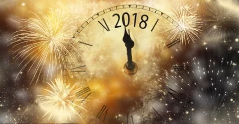2018 New Year background with clock and fireworks Stock Photos