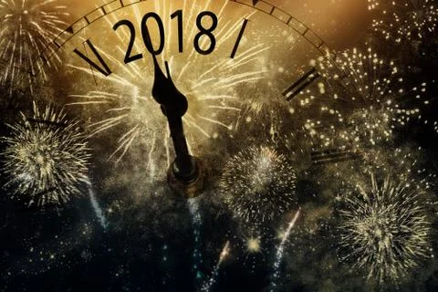 2018 New Year background with clock and fireworks Stock Photos