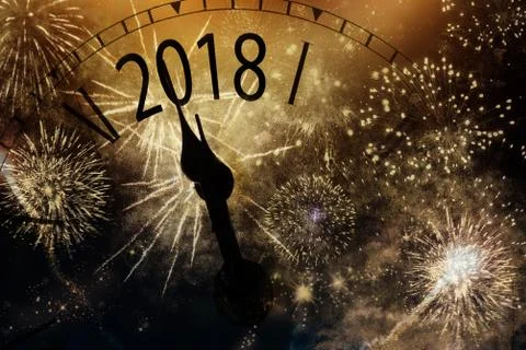 2018 New Year background with clock and fireworks Stock Photos