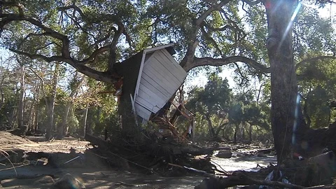 2018 - part of a house is lieft in a tree, the damage from the mudslides in 库存影片 92170976