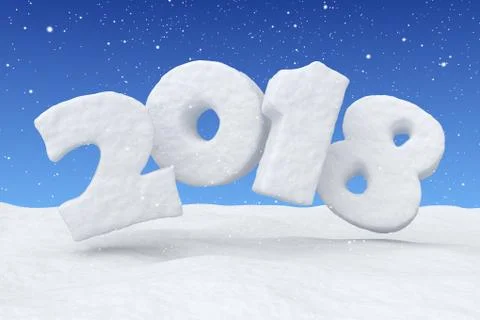 2018 snow text over snow surface under blue sky and snowfall Stock Photos