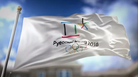 2018 Winter Olympics Flag Waving Slow Motion 3D Rendering Blue Sky Backgrou.. Stock Footage 75681373