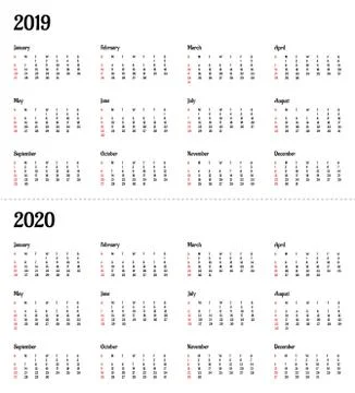 2019 2020 calendar year - vector illustration. The week starts on Sunday Stock Illustration