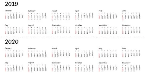 2019 2020 calendar year - vector illustration. The week starts on Sunday Stock Illustration