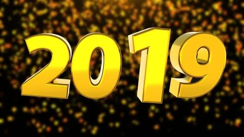 2019 bright text with falling confetti, 3d render computer generated backgrou Stock Illustration