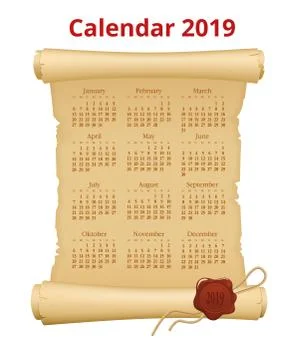 2019 Calendar on scroll, Print Template on parchment roll Illustrazione stock