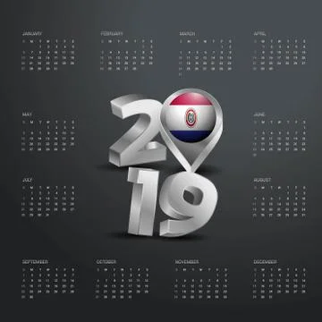 2019 Calendar Template. Grey Typography with Paraguay Country Map Golden Typo 스톡 일러스트