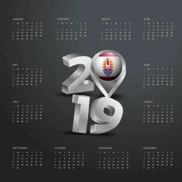 2019 Calendar Template. Grey Typography with French Polynesia Country Map Gol イラスト素材