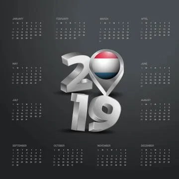 2019 Calendar Template. Grey Typography with Luxembourg Country Map Golden Ty Stock Illustration