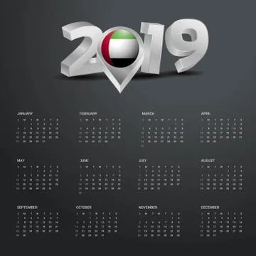 2019 Calendar Template. Grey Typography with UAE Country Map Golden Typograph イラスト素材