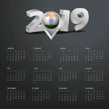2019 Calendar Template. Grey Typography with India Country Map Golden Typogra Stock Illustration