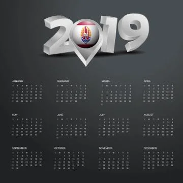 2019 Calendar Template. Grey Typography with French Polynesia Country Map Gol イラスト素材