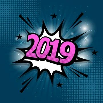 2019 comic text speech bubble on blue background Illustrazione stock