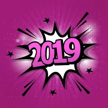 2019 comic text speech bubble on purple background Stock Illustration