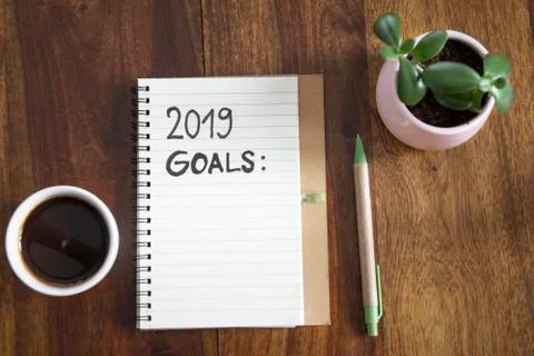 2019 goals flat lay diary on table Stock Photos