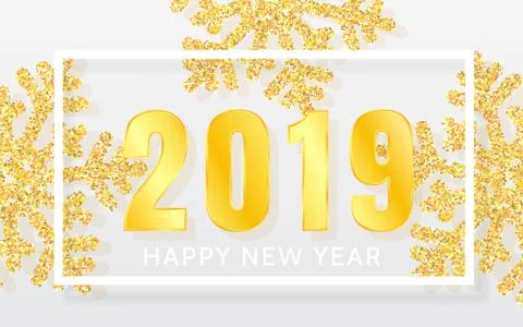 2019 Happy New Year background with shining yellow snowflakes and white frame Stock Illustration