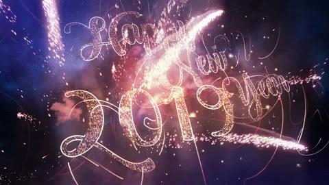 2019 Happy New Year magic Fireworks with particles and sparks on black night sky Stock Footage 97221064