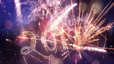 2019 Happy New Year magic Fireworks with particles and sparks on black night sky Stock Footage 97706791