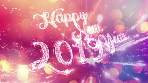 2019 Happy New Year Text with Fireworks Celebration on colorful bokeh bakground Video stock 99314508