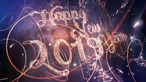 2019 Happy New Year Text with Fireworks Celebration on colorful bokeh bakground Stock Footage 99314791
