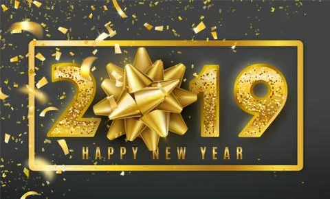 2019 Happy New Year vector background with golden gift bow, confetti, shiny Stock Illustration
