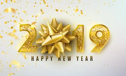 2019 Happy New Year vector background with golden gift bow, confetti, shiny Stock Illustration