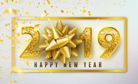 2019 Happy New Year vector background with golden gift bow, confetti, shiny Stock Illustration