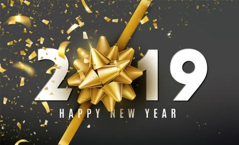 2019 Happy New Year vector background with golden gift bow, confetti, white Stock Illustration