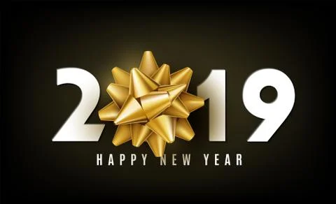 2019 Happy New Year vector background with golden gift bow, white numbers and Stock Illustration