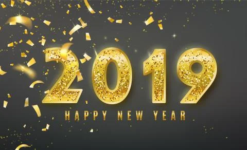 2019 Happy New Year vector background with golden confetti, tinsel elements Stock Illustration