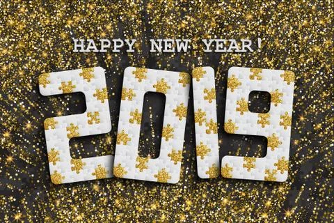 2019 jigsaw puzzle background with many golden glitter and black pieces. Happy 스톡 일러스트