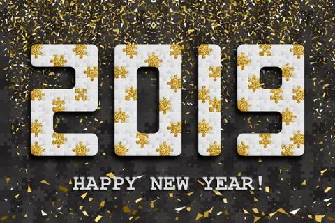 2019 jigsaw puzzle background with many golden glitter and black pieces. Happy 스톡 일러스트