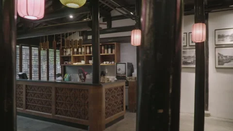 2019 Jun 08, Jiaxing. Empty traditional East Asian restaurant interior Stock Footage 345495078