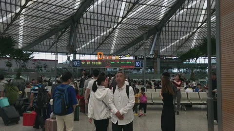 2019 Jun 09, Jiaxing. Crowd of travelers with luggage waits in line Video stock 345725436