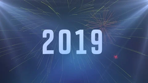 2019 loop animation with light rays. Blue rays and fireworks Stock Footage 99389360