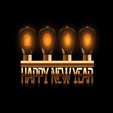 2019 new year, creative vector illustration, light bulbs and Golden text Stock Illustration
