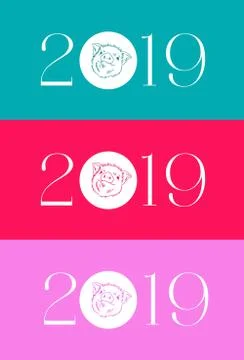 2019 New Year vector typography composition with pig head, hand drawn illustr Stock Illustration