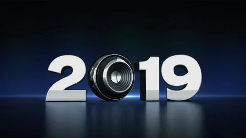 2019 text with sphere speaker 3D Stock Illustration