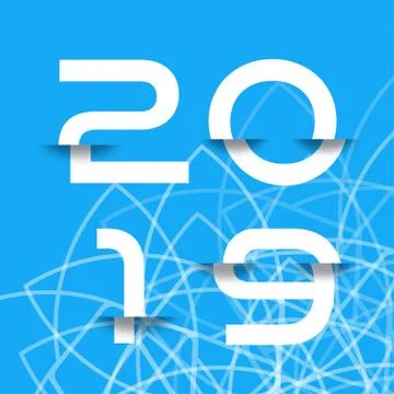 2019 vector poster with glitch white numbers on the blue background with abst Stock Illustration