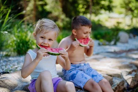 Little chidren sitting near a lake and eating watermelon on hot sunny day during summer vacation. xkwx happiness, watermelon, fruit, kid, happy, green, nature, red, food, fun, picnic, healthy, outdoor, joy, health, juicy, eat, girl, childhood, slice, boy, nutrition, cute, sweet, smile, little, eating, cheerful, snack, summertime, caucasian, meal, enjoy, outside, melon, garden, water, delicious, friend, refreshment, holiday, brother, sister, freshness, warm, preschool, siblings