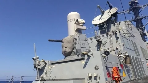 2020 Arleigh Burke class guided missile destroyer USS Sterett fires its close in Stock Footage 138062541