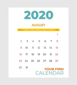 2020 august calendar vector template. Abstract empty isolated set 2020 calendar Stock Illustration